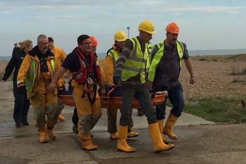 The casualty brought ashore in an RNLI rescue at Dungeness. Picture by Judith Richardson, RNLI.