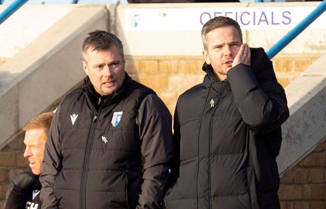 Assistant Robbie Stockdale and head coach Stephen Clemence watch on as Gillingham lose to Crawley Town Picture: @Julian_KPI