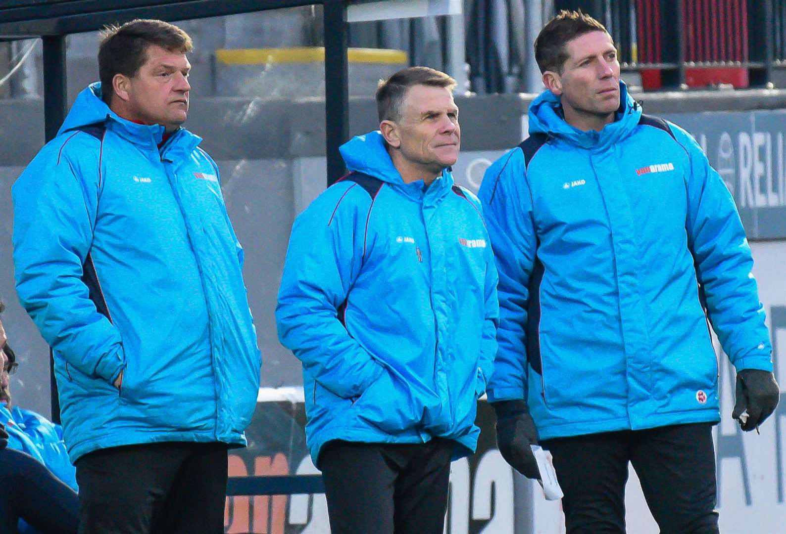Darren Hare, left, on the touchline alongside Nicky Southall and Dover Manager Andy Hessenthaler. Picture: Alan Langley (43282658)