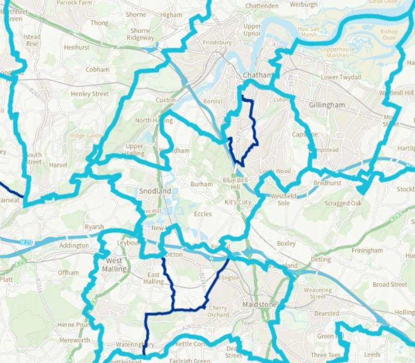 Changes to Medway's constituencies, with the current boundaries in dark blue and the proposed in light blue