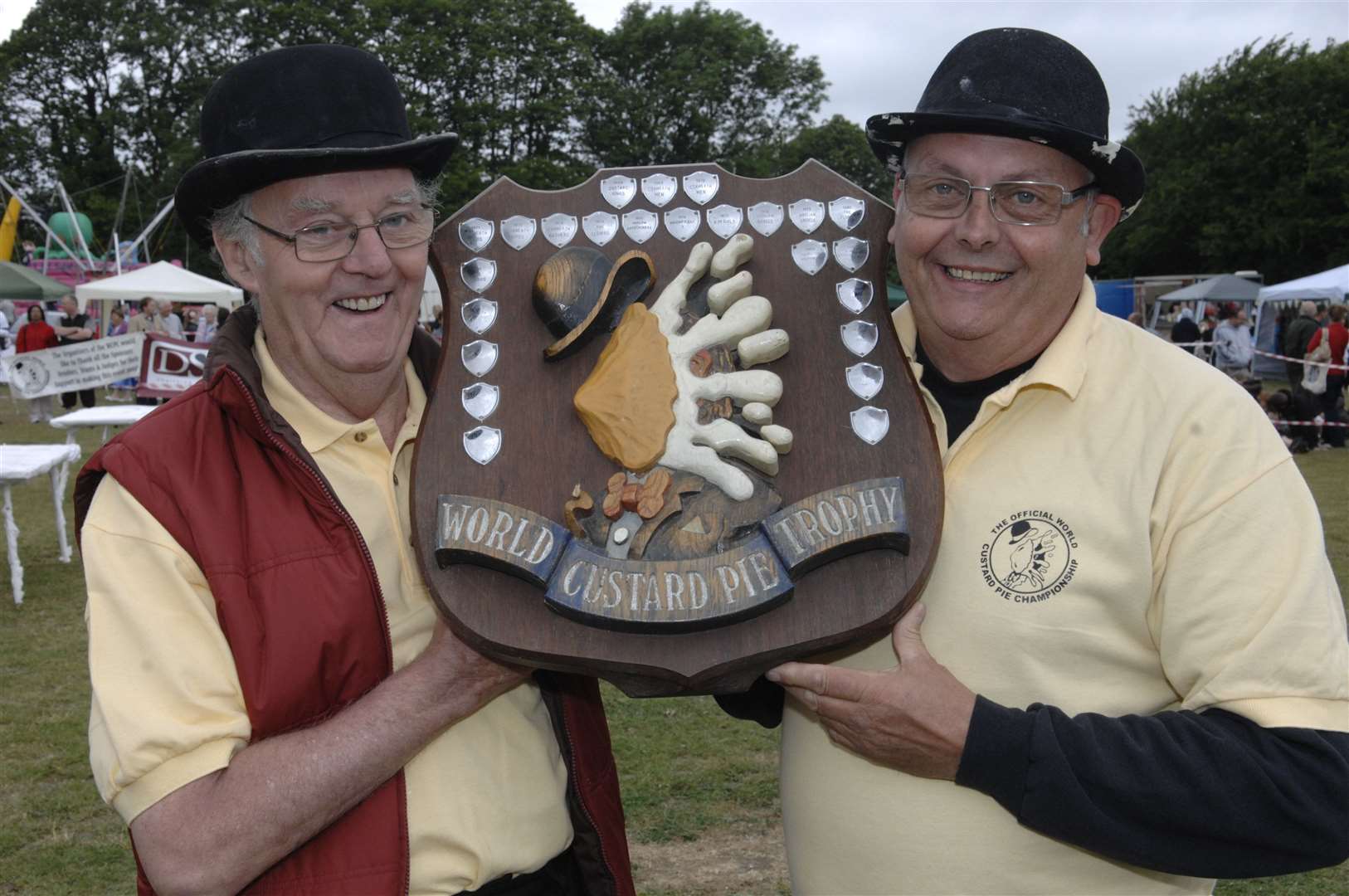 Brian Mortimer with fellow organiser Mike Fitzgerald at the World Custard Pie Championships