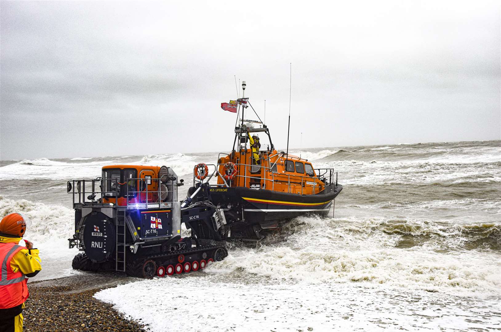 The RNLI lifeboat at Hastings launches into the Channel during Storm Ciara. Picture: Henry Doe