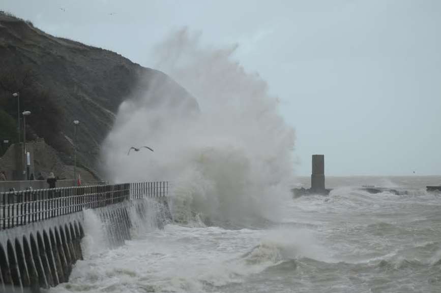Waves batter the Folkestone coast at high tide