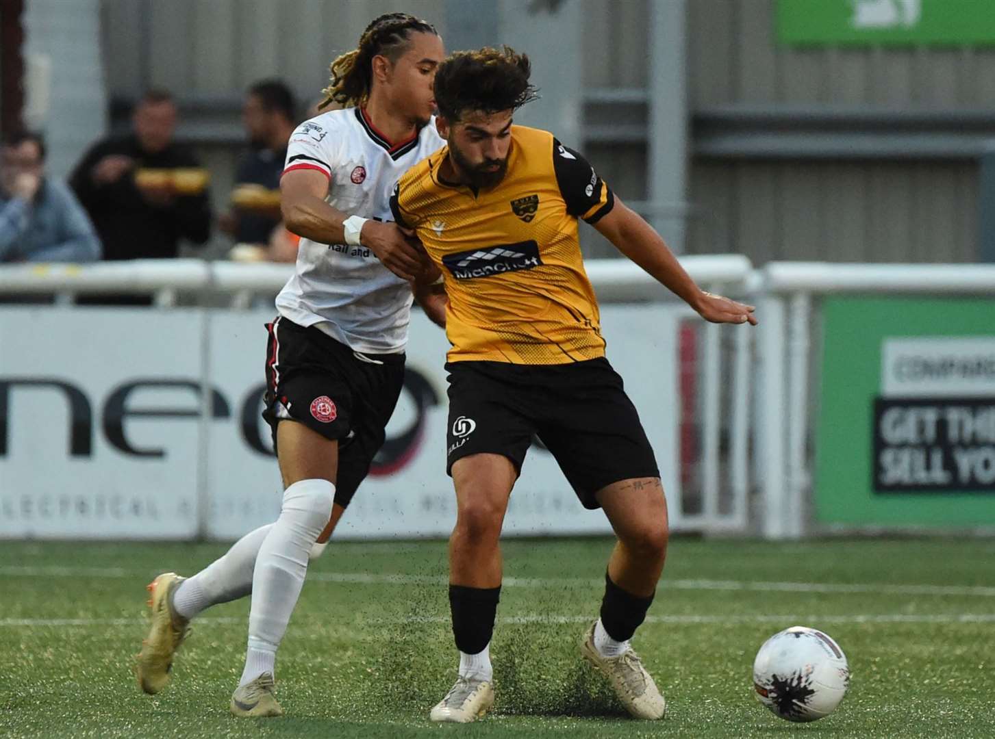 Chatham's Che Krabbendam, pictured in pre-season action at Maidstone, could face one of his former clubs this Saturday when they visit Cheshunt. Picture: Steve Terrell