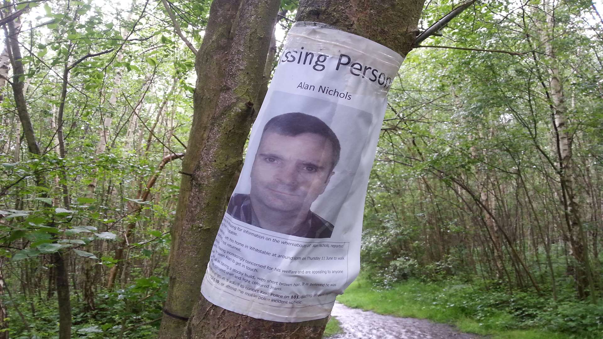 Missing person poster in Clowes Wood