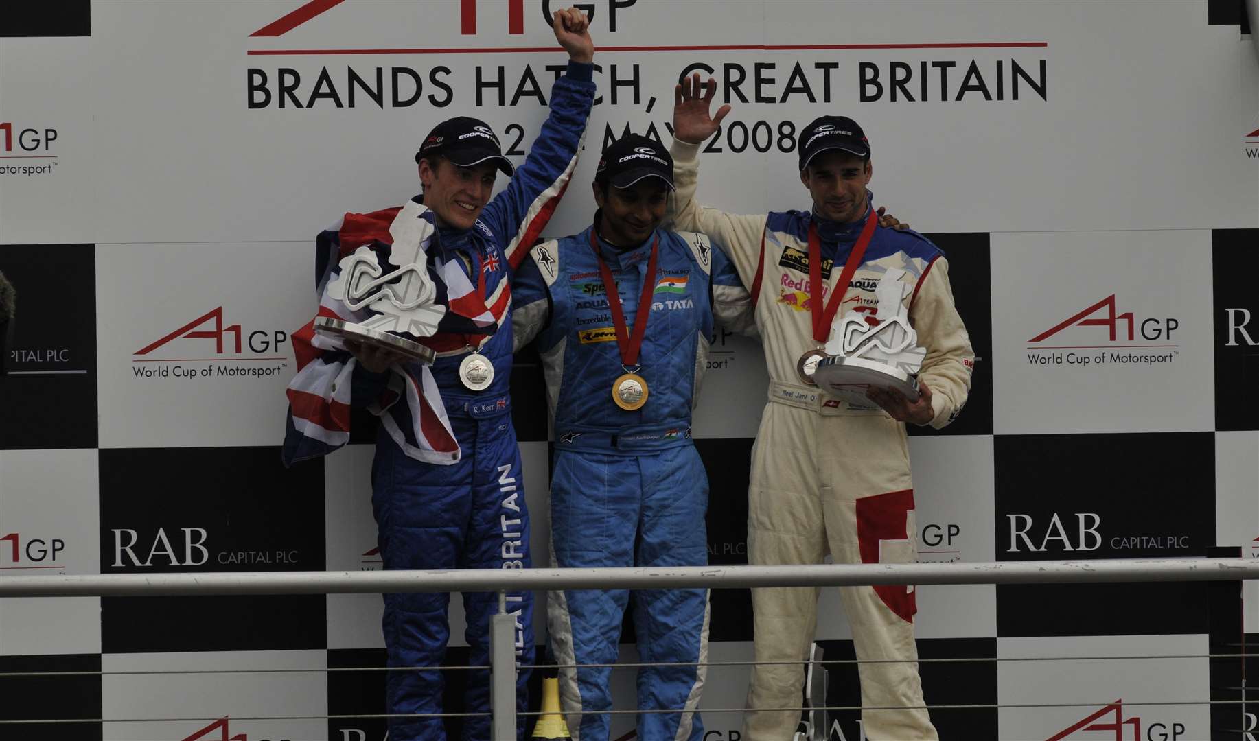The feature race podium in May 2008: Team GB's Robbie Kerr, race winner Narain Karthikeyan and Swiss star Neel Jani. Picture: Andy Payton