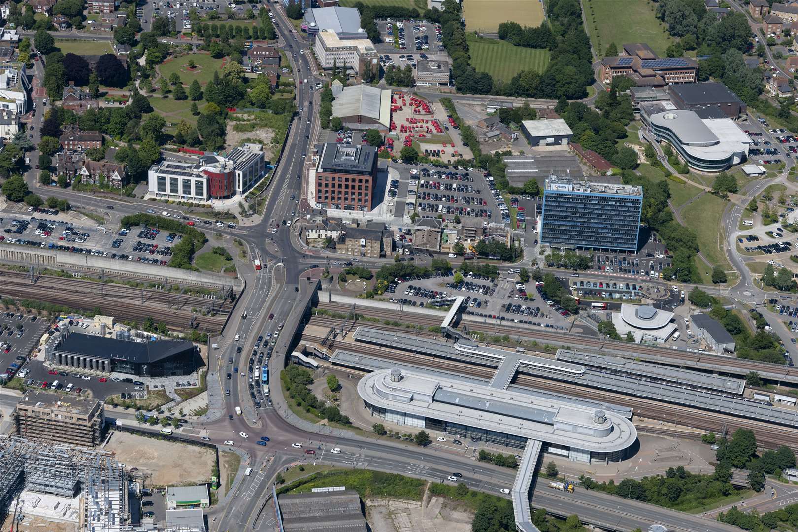 The area around the station has been the centre of a lot of development in recent years. This shot includes the Curious Brewery, Connect 38 office block, Ashford College and The Coachworks, which is a temporary leisure complex in Dover Place. Picture: Ady Kerry/Ashford Borough Council