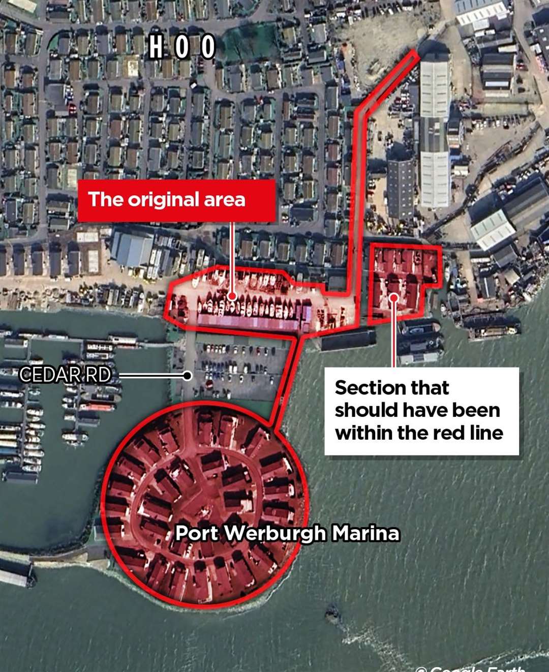 The graphic shows the area of land with planning permission on Port Werburgh Marina, including the section which should have been within the red line