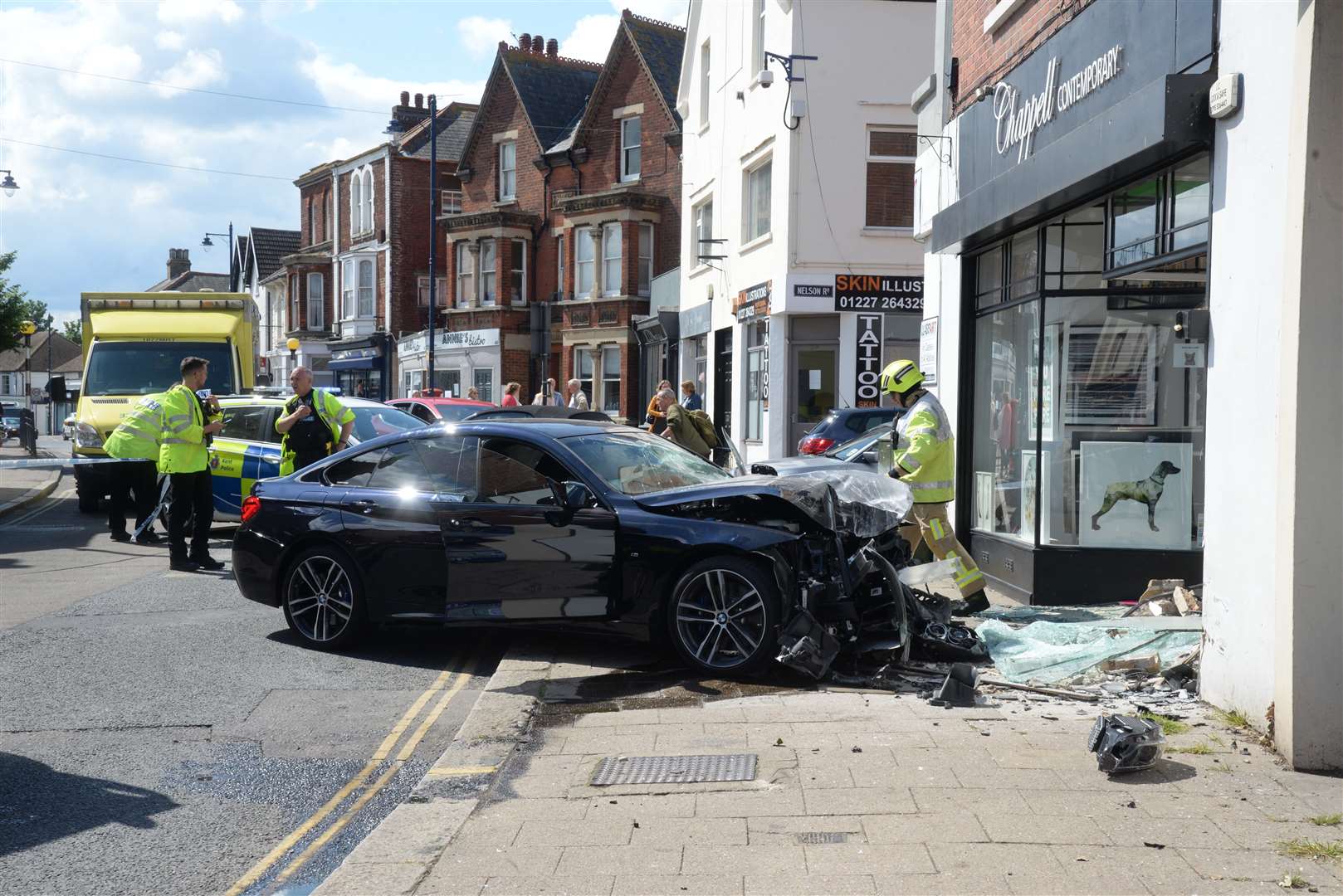 The scene in Oxford Street, Whitstable after a car crashed into the Chappell Contempoary Art Gallery on Tuesday morning. Picture: Chris Davey..... (11322082)