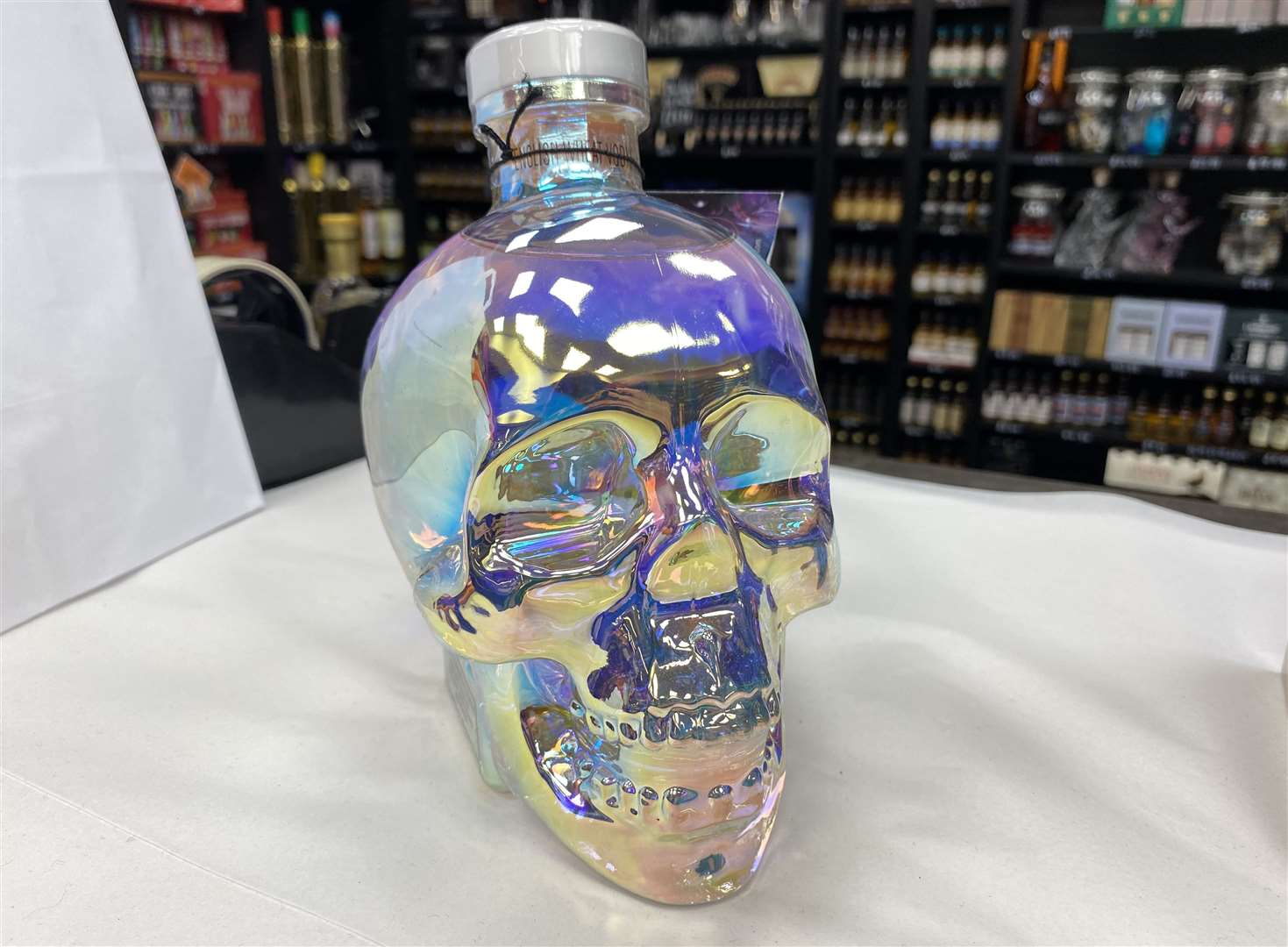 The Crystal Head Aurora vodka from Canada is Shirley's favourite bottle in the shop
