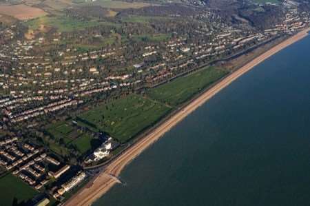 The coastline at Hythe with the Imperial Hotel, golf course and canal