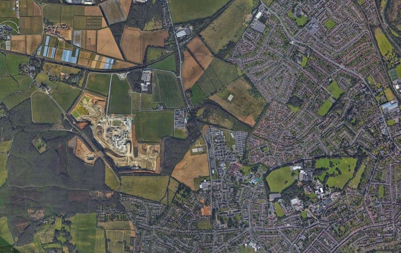 Land around Hermitage Lane, which runs north-south in this view of the land north of Barming, is earmarked for further house-building. Picture: Google Earth