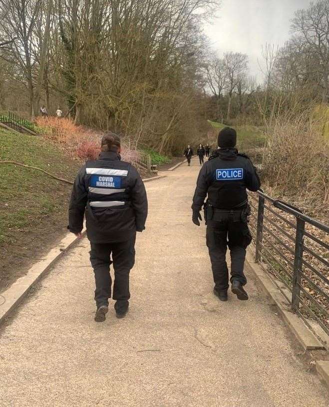 A Covid marshall and PCSO patrolling Mote Park Picture: MBC (45708751)