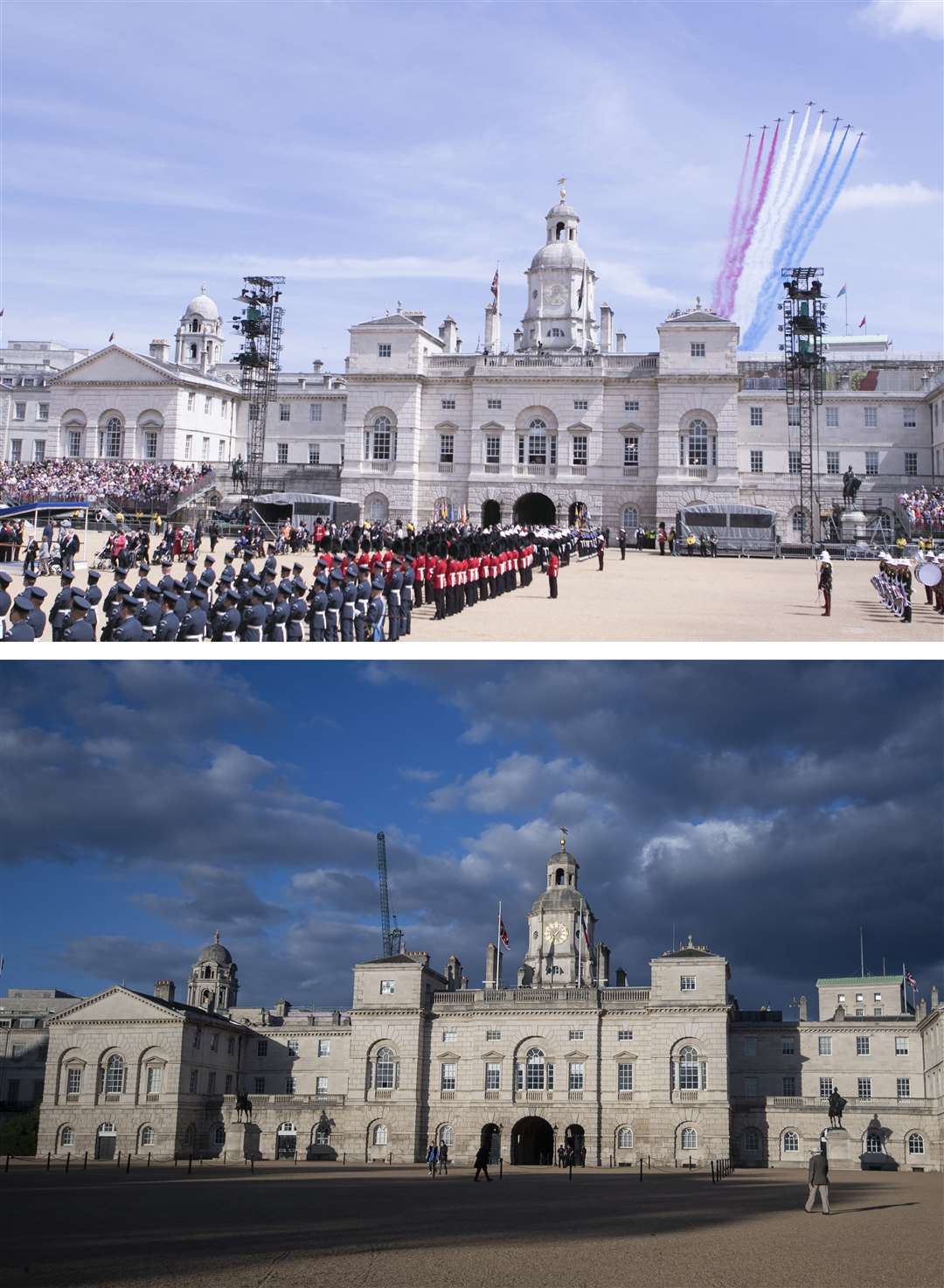 The Red Arrows fly over Horse Guards Parade in 2015, and the same scene last weekend (PA)