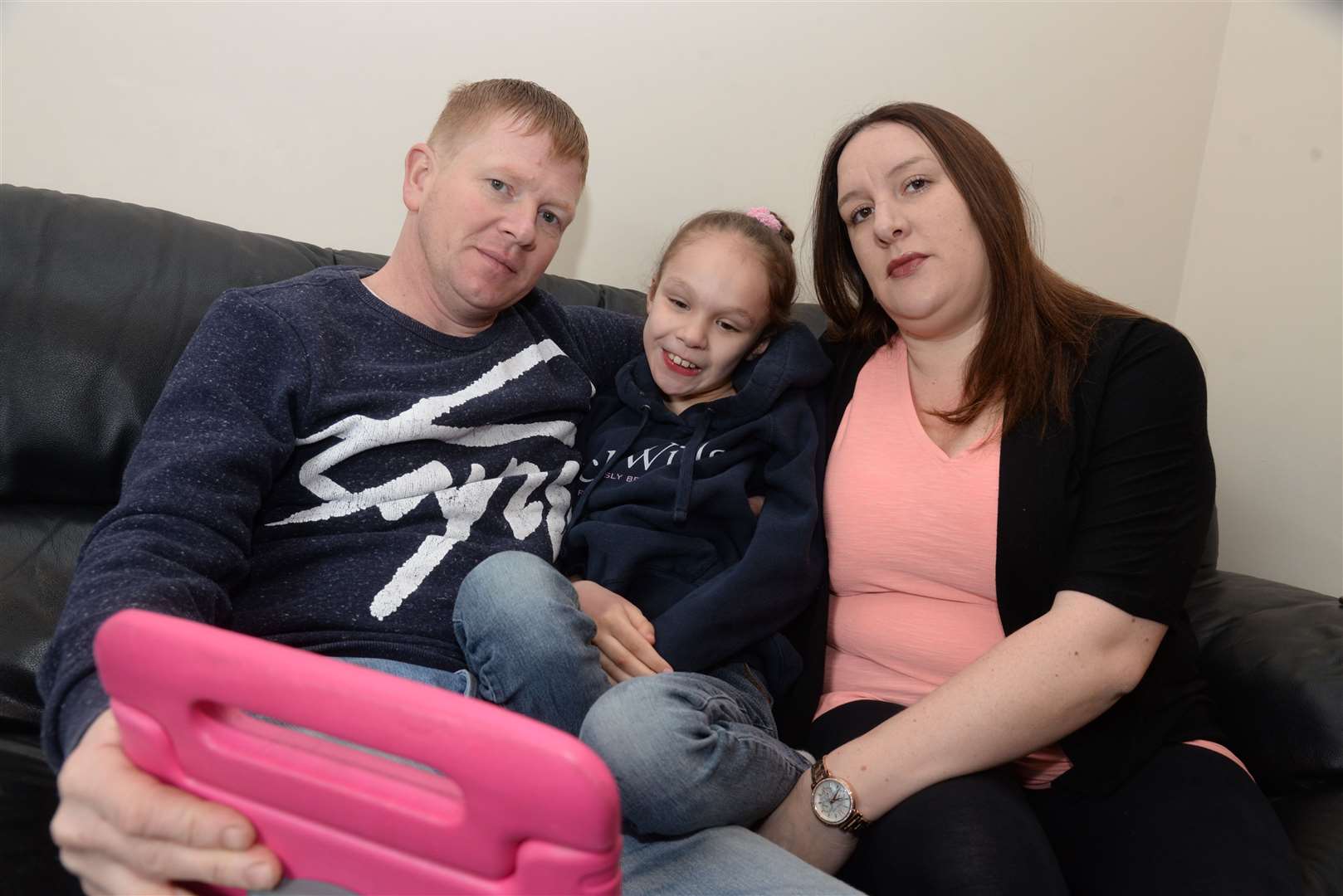 Lee Moore and Emma Appleby and daughter and Teagan who went to Rotterdam for cannabis-based medication only to have it confiscated at the airport. Picture: Chris Davey 8314791