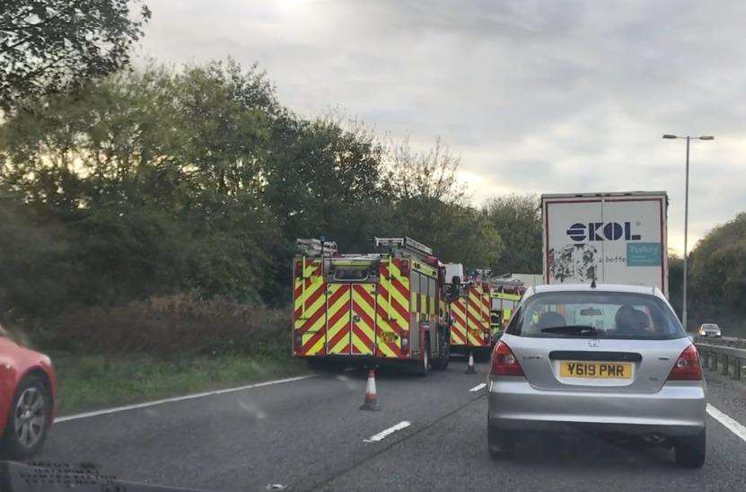 Fire engines at the scene of the crash on the A2 near Whitfield