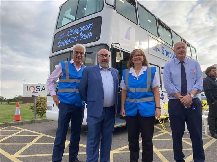 Steve Chalke, Tim Lambkin, Lynne Clifton and Paul Murray at the launch of the Sheppey Support Bus in December 2021