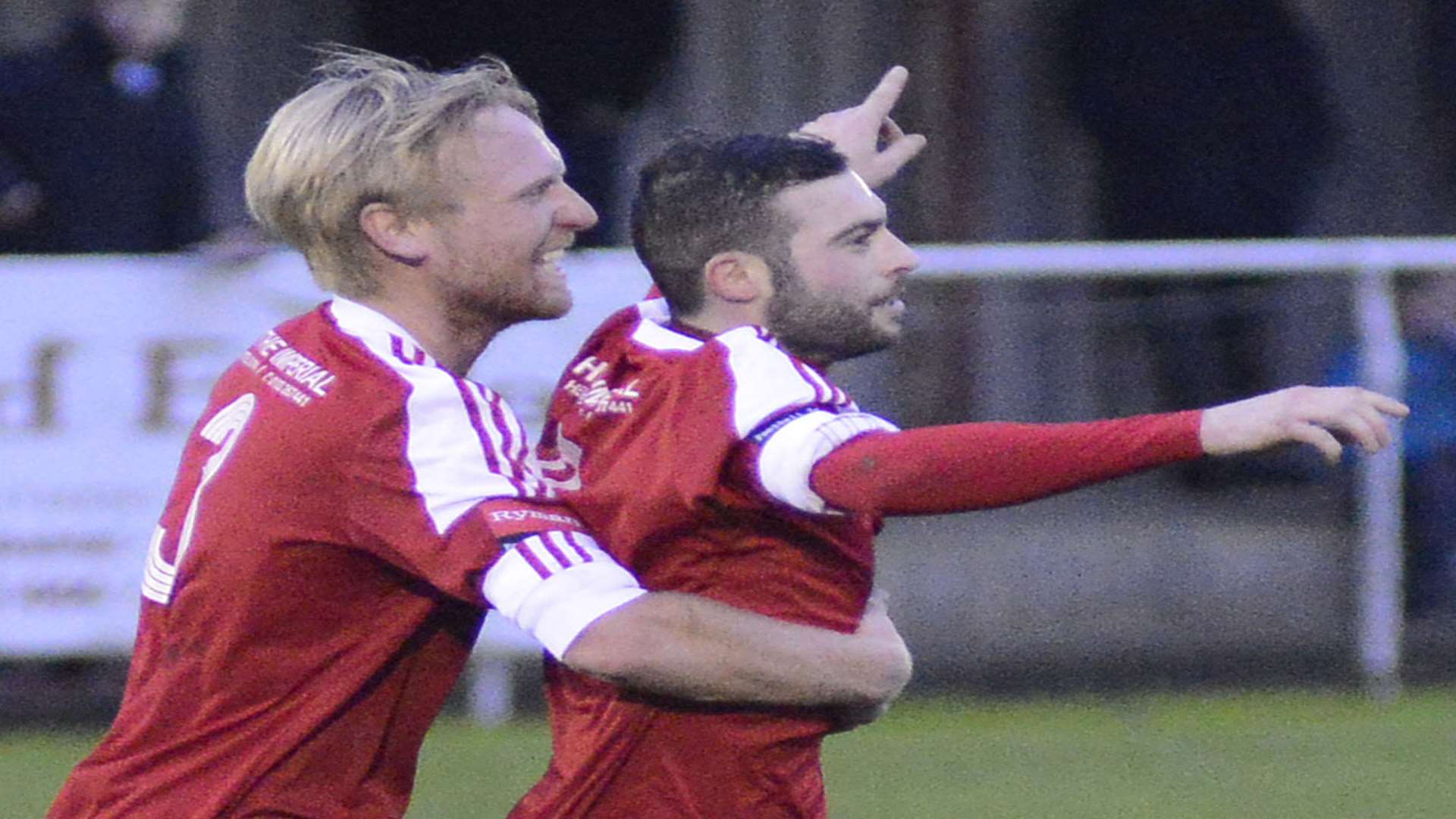 Frankie Sawyer (right) celebrates his first goal in Hythe's 2-0 win over Sittingbourne Picture: Paul Amos