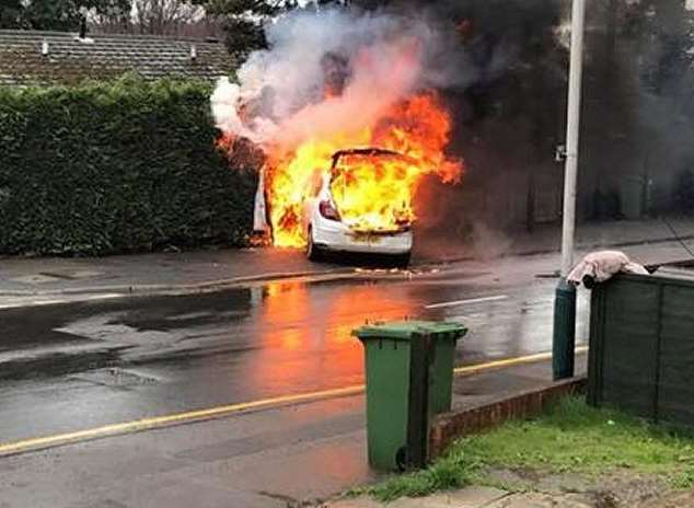 The car in flames at the scene. Picture: Kent 999s