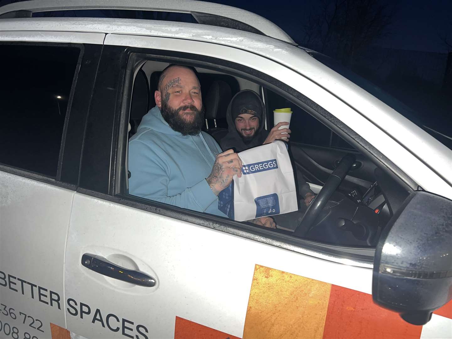 Adam Bradley, 40, and Ashton Clarke-Smith, 21, were the third people to use the drive-thru. Picture: Megan Carr