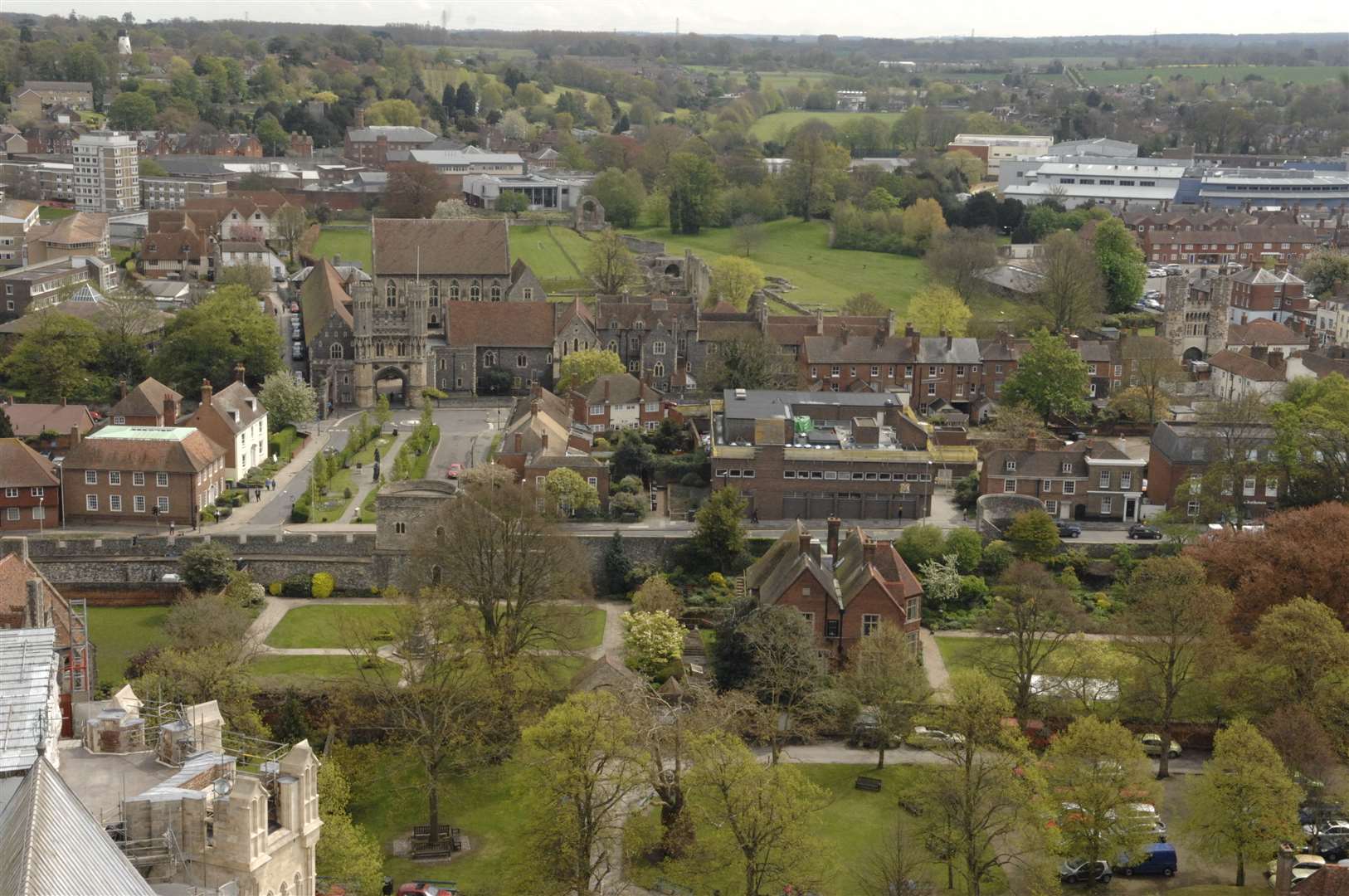 Canterbury city centre from the Bell Harry Tower of the Cathedral looking over Lady Wootton's Green towards St Augustine's Abbey. Picture: Chris Davey