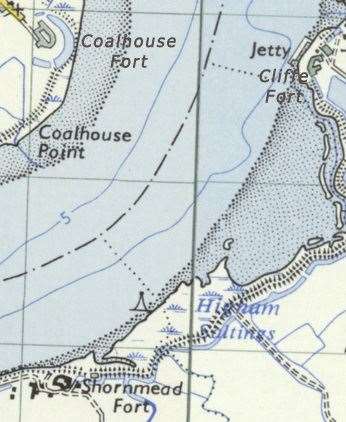 A map showing Cliffe, Coalhouse and Shornmead Forts from an extract from Ordnance Survey from 1952-1961. Picture: Ordnance Survey