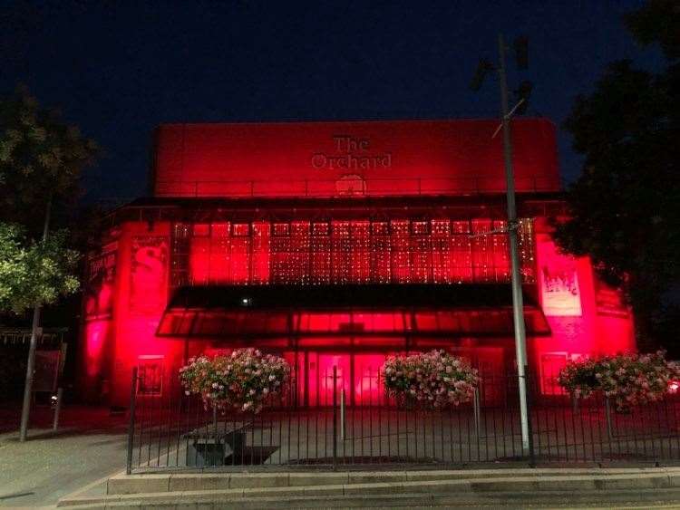 Dartford's Orchard Theatre was lit up red in solidarity with struggling arts venues across the country