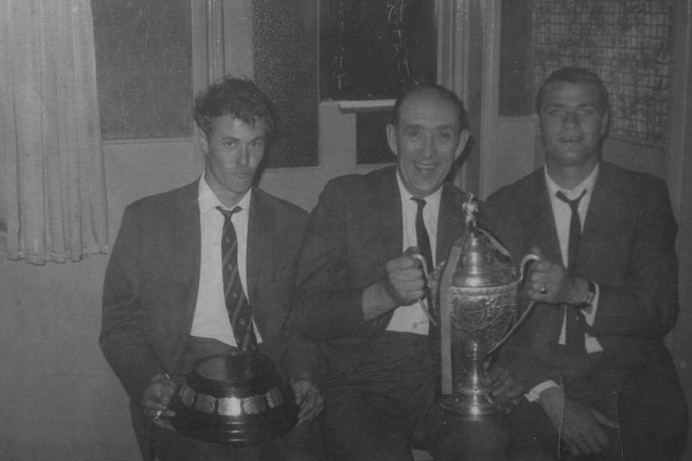 Les Apps, an unknown pub landlord and Bob Jeffrey with another trophy from his days at Maidstone United