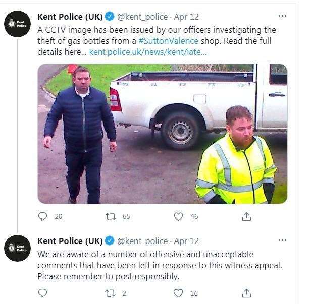 The warning to post responsibly on Kent Police's Twitter account