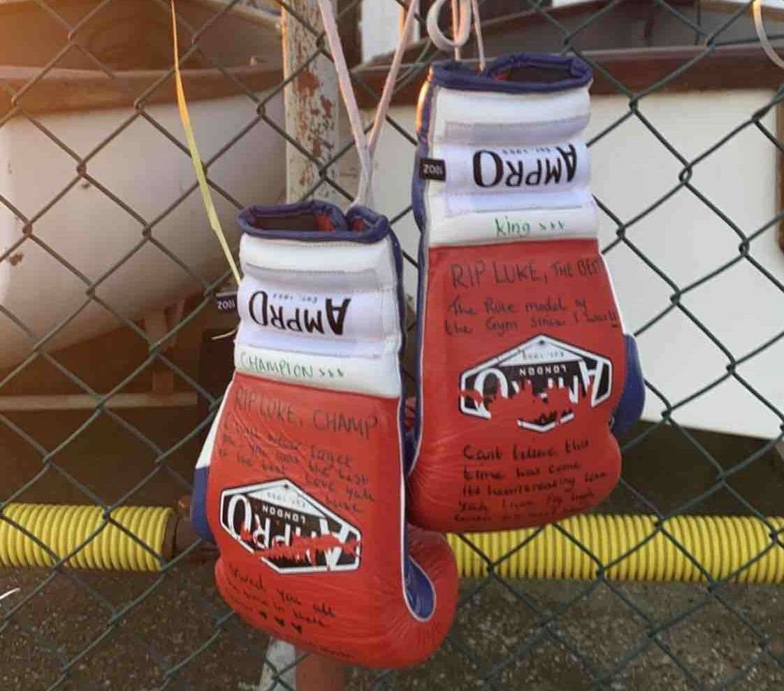 Boxing gloves hung in tribute to Luke Bellfield. Picture: GoFundMe