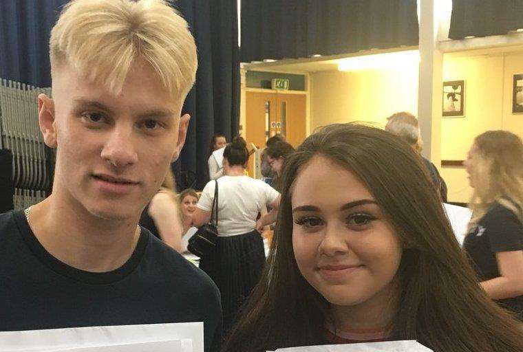 Hundred of Hoo Academy students Samuel Hills and Amy Field celebrate their results