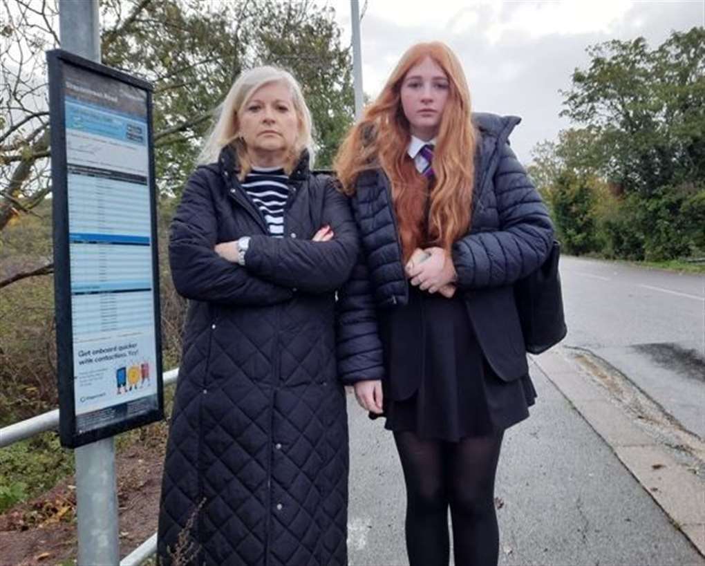 Linsey Hall, pictured with daughter Lara, says she might organise a private minibus to take children from Boughton-under-Blean to and from school if the cost of the Kent Travel Saver goes up