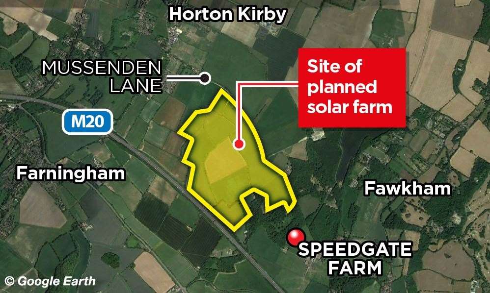 The site of the proposed solar farm covering 245 acres between the villages of Fawkham, Farningham and Horton Kirby