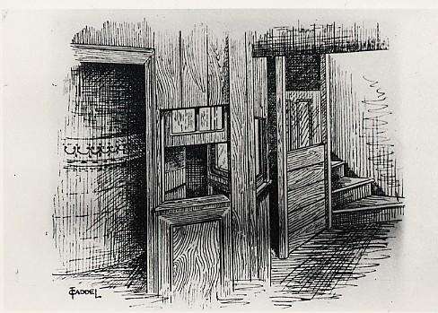 The paybox, commanding all entrances, from which Mrs Baker kept an eye on the customers and the cash