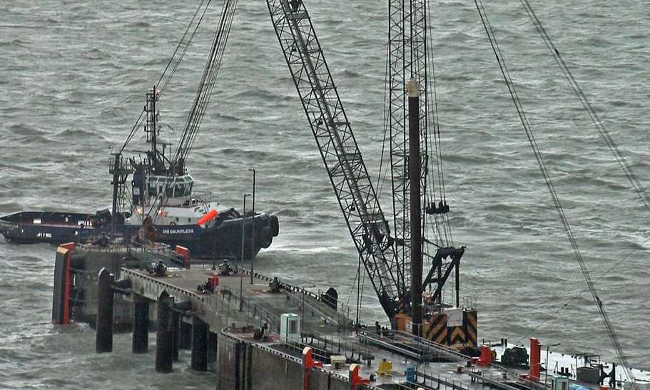 The crane barge ended up in a ferry berth. Picture: dover-marina.com