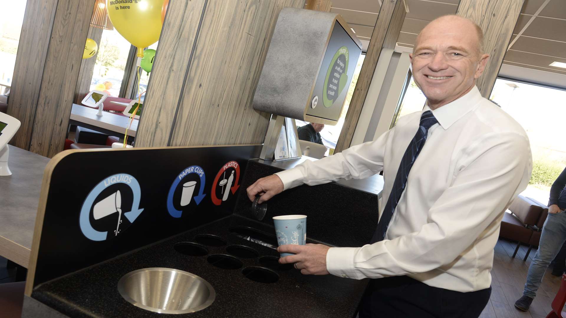 Franchise holder Paul Crocker at the recycling centre in his newly refurbished Chestfield McDonald's.