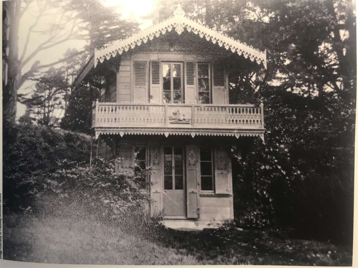 The Swiss Chalet in its original position in Gads Hill. From the exhibition in Eastgate House
