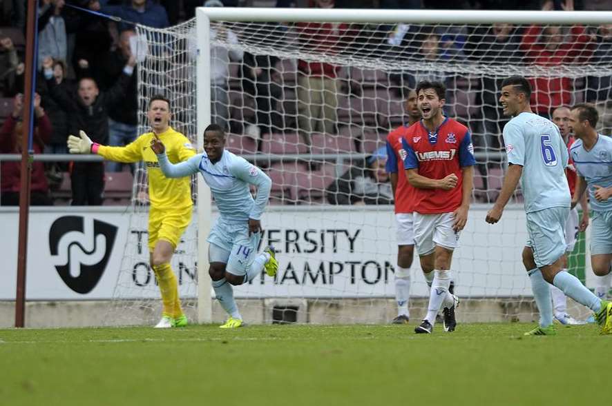 Franck Moussa scores Coventry's winner against the Gills. Picture: Barry Goodwin