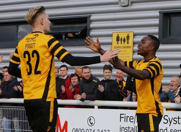 Jamar Loza celebrates his opener with provider Joe Pigott Picture: Andy Jones