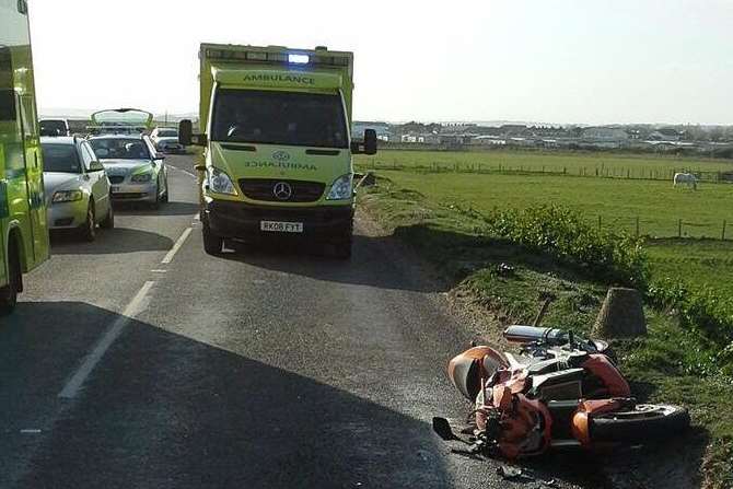 An Ashford biker was injured in this crash in Camber. Picture: Nigel Hammond via @Kent_999s