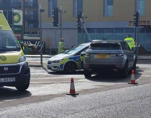 The Range Rover and police car collided outside the new Hampton by Hilton hotel. Picture: Faye Ward