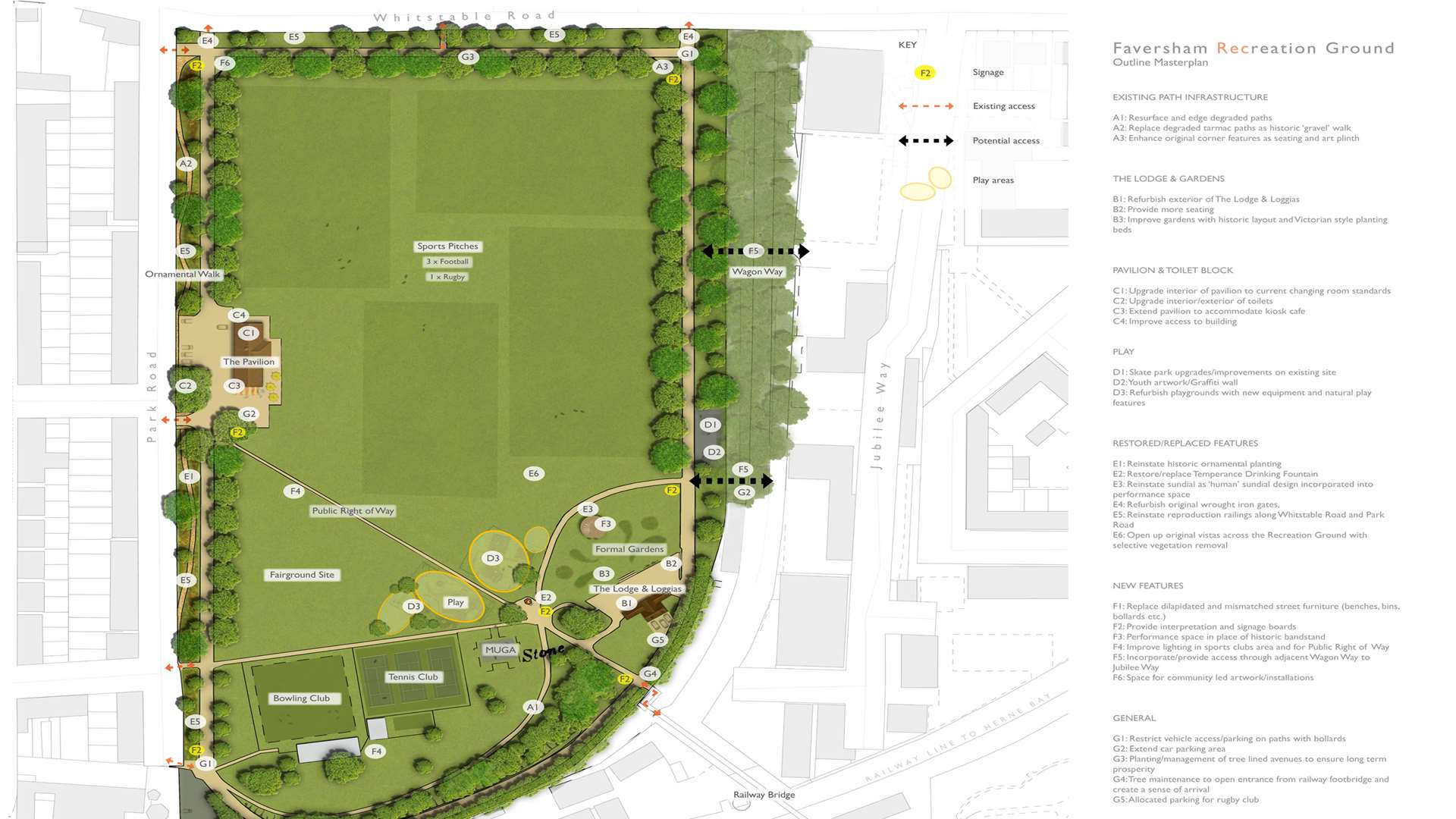 The grand plan for Faversham Rec. Credit: Allen Scott Landscape Architects Ltd and MMA Ltd