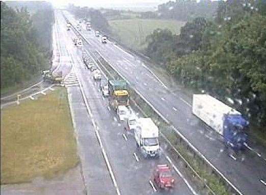 Trapped traffic is being turned around and directed off the M2 at junction 5. Picture: Highways England.