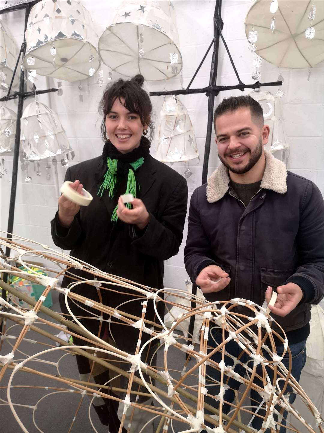 Freyja Crow and Frazer Doyle building sculpltural lanterns for the parade. Picture: Future Foundry