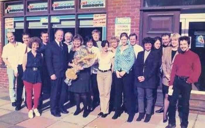 Staff presentation outside the former newspaper office in Chatham. Nicola is fifth from right