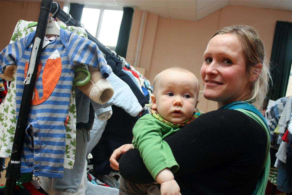 Oscar Clapp, aged seven months, with mum Harriet Clapp at the NCT nearly-new sale