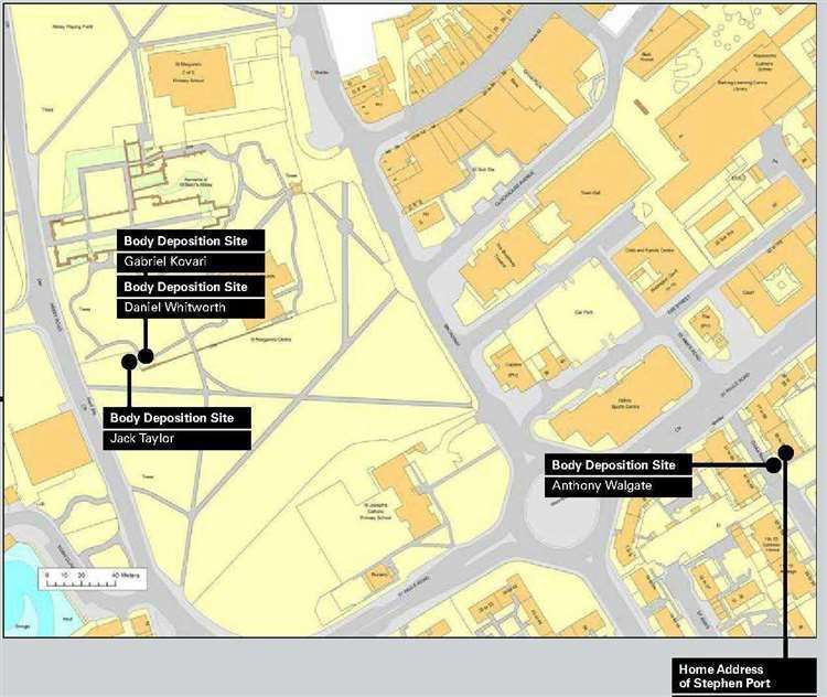A map showing the spots where Stephen Port dumped the bodies of his victims during his 16-month killing spree. Photo: Met Police/PA)