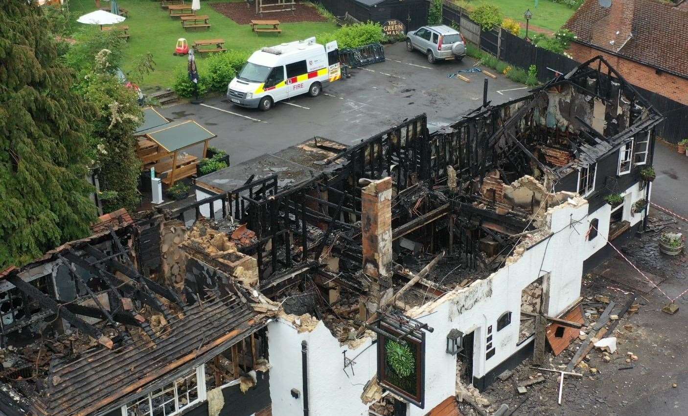 An aerial photo of the gutted Green Man pub in Hodsoll Street