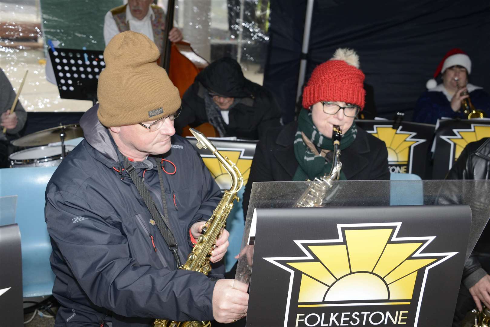 The Folkestone Community Swing Band played at the opening, wrapped up against the cold. Picture: Paul Amos