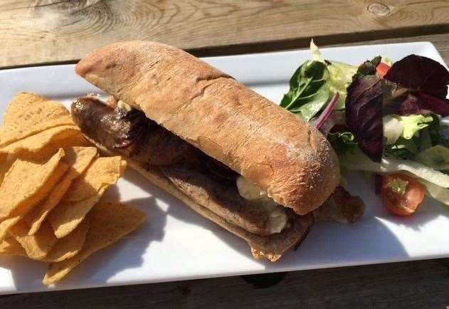 My accomplice chose a sausage ciabatta and, again at the suggestion of the helpful barmaid, elected to have it with fried onions